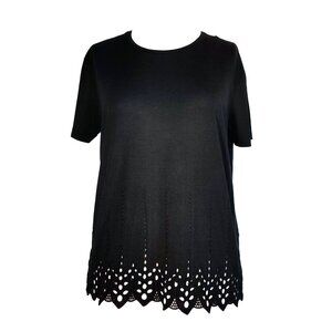 The Kooples Black Short-Sleeved Tee with Eyelet Lace Embroidery Hem - Small EUC